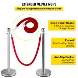image-VEVOR Crowd Control Stanchion, Set of 8 Pieces Silver Stanchion Set, Stanchion Set with 5 ft/1.5 m Red Velvet Rope, Crowd Control Barrier with Sturdy Concrete and Metal Base