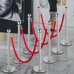 image-VEVOR Crowd Control Stanchion, Set of 8 Pieces Silver Stanchion Set, Stanchion Set with 5 ft/1.5 m Red Velvet Rope, Crowd Control Barrier with Sturdy Concrete and Metal Base