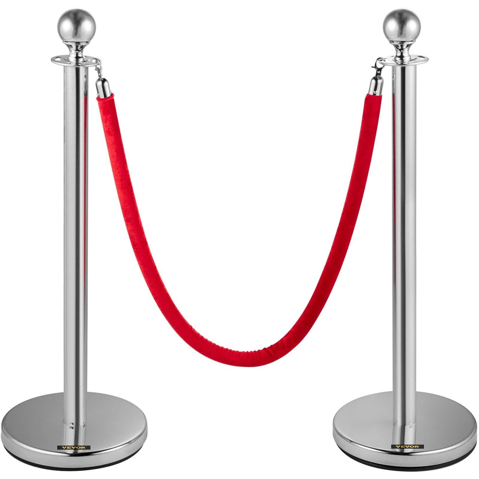 image-VEVOR Crowd Control Stanchion, Set of 8 Pieces Silver Stanchion Set, Stanchion Set with 5 ft/1.5 m Red Velvet Rope, Crowd Control Barrier with Sturdy Concrete and Metal Base