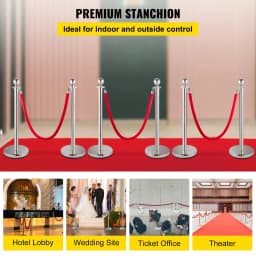image-VEVOR 6 PCS Crowd Control Stanchion, Silver Stanchions Posts Stainless Steel Stanchion Queue Post Red Rope Retractable 38In for Both Indoor and Outdoor use.