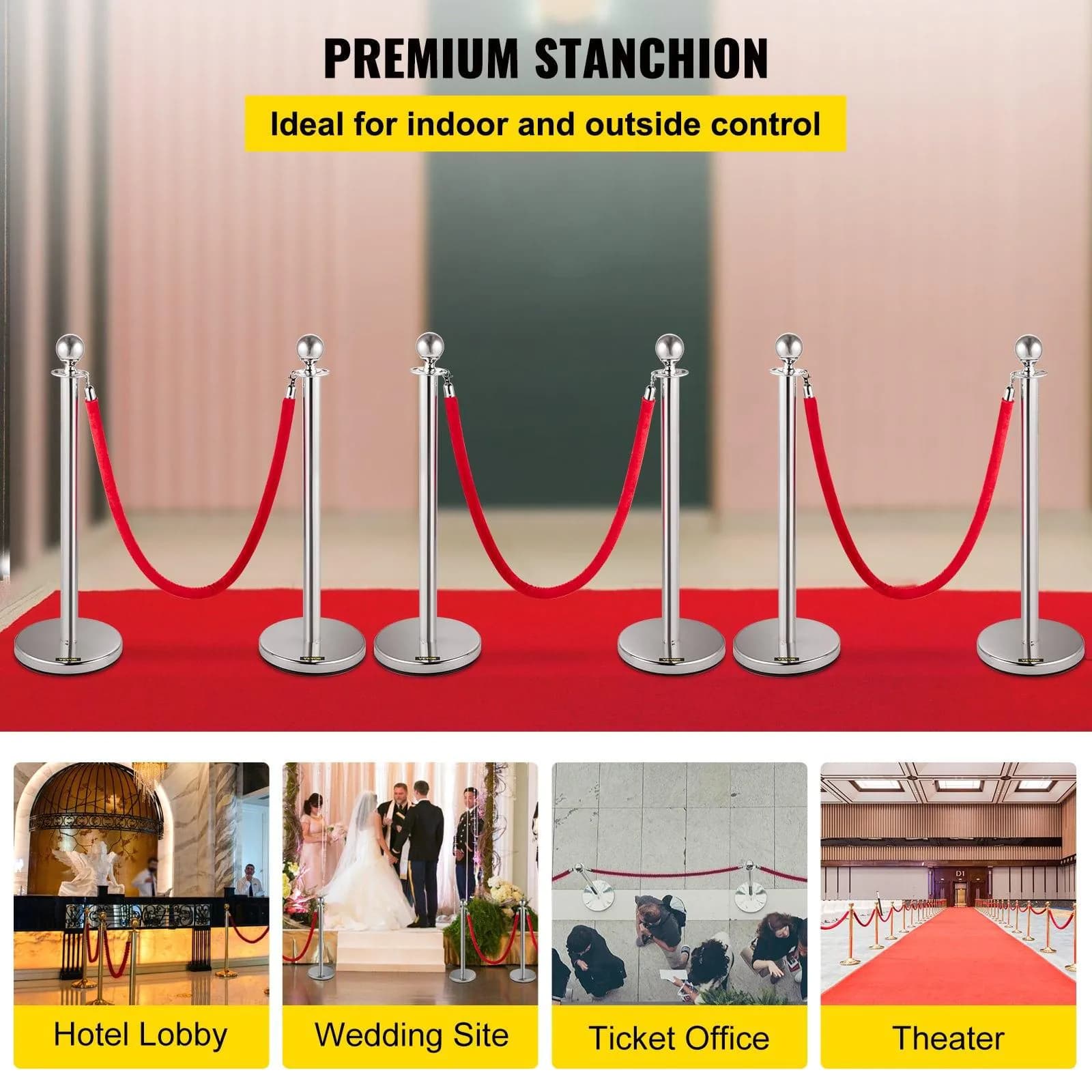 image-VEVOR 6 PCS Crowd Control Stanchion, Silver Stanchions Posts Stainless Steel Stanchion Queue Post Red Rope Retractable 38In for Both Indoor and Outdoor use.