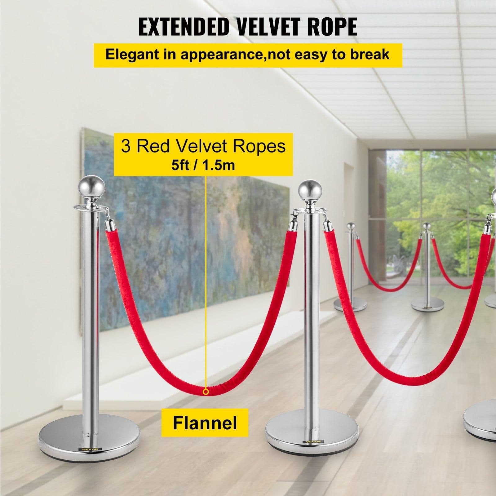 image-VEVOR 6 PCS Crowd Control Stanchion, Silver Stanchions Posts Stainless Steel Stanchion Queue Post Red Rope Retractable 38In for Both Indoor and Outdoor use.