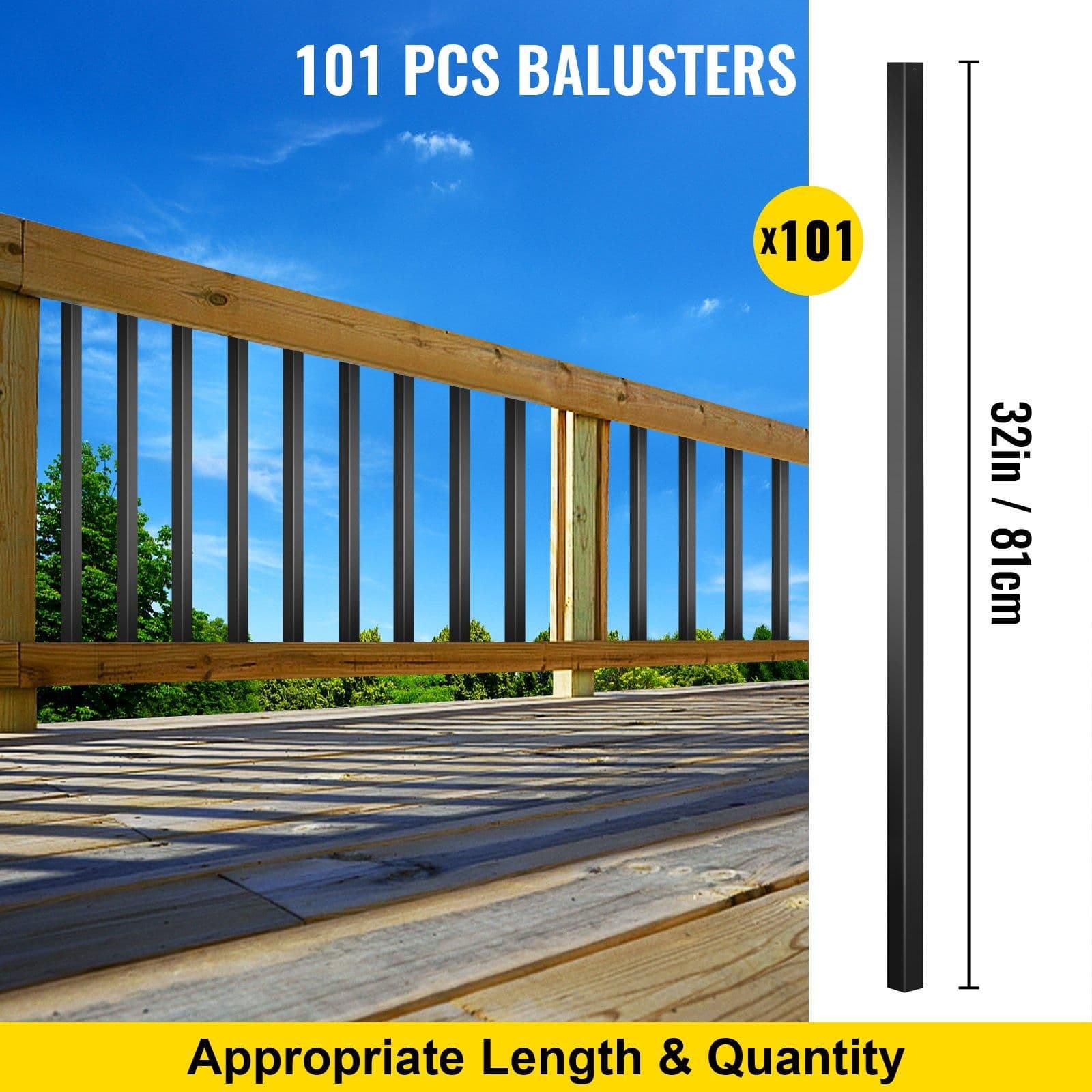 image-VEVOR Deck Balusters, 101 Pack Metal Deck Spindles, 32"x0.8" Staircase Baluster with Screws, Aluminum Alloy Deck Railing for Wood and Composite Deck, Square Baluster for Outdoor Stair Deck Porch