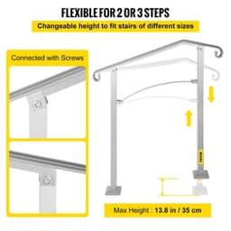 image-VEVOR Outdoor Stair Railing, Fit 2 or 3 Steps Alloy Metal Handrailing, Front Porch Flexible Transitional Handrail, Arch Step Rail with Installation Kit, for Concrete or Wooden Stairs, Silver
