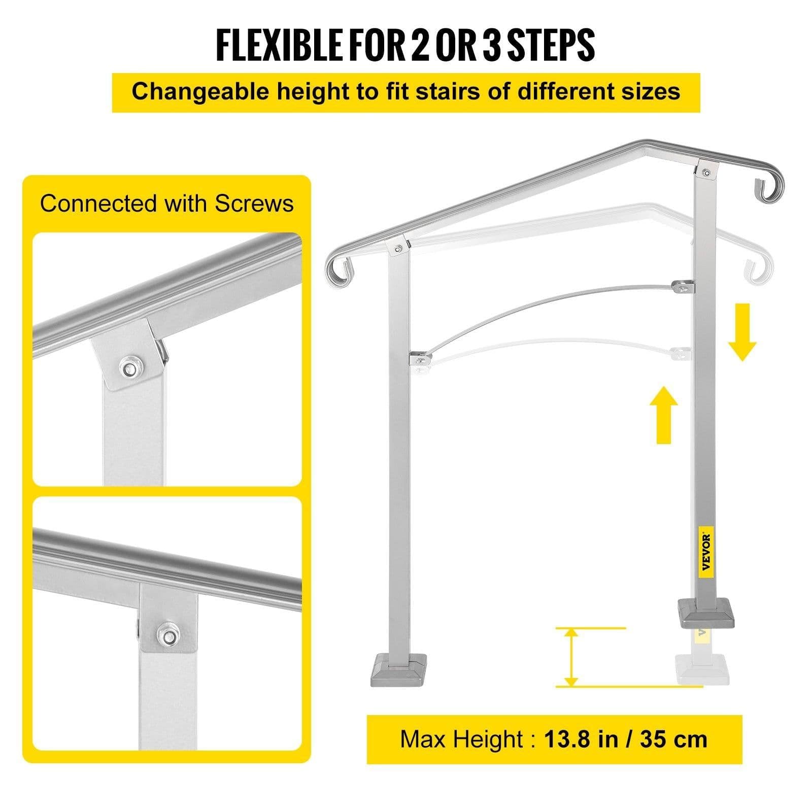 image-VEVOR Outdoor Stair Railing, Fit 2 or 3 Steps Alloy Metal Handrailing, Front Porch Flexible Transitional Handrail, Arch Step Rail with Installation Kit, for Concrete or Wooden Stairs, Silver