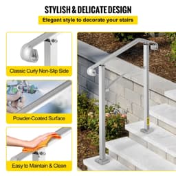 image-VEVOR Outdoor Stair Railing, Fit 2 or 3 Steps Alloy Metal Handrailing, Front Porch Flexible Transitional Handrail, Arch Step Rail with Installation Kit, for Concrete or Wooden Stairs, Silver