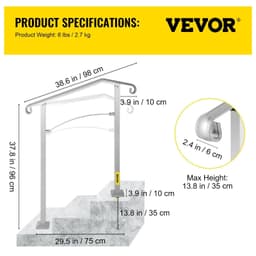 image-VEVOR Outdoor Stair Railing, Fit 2 or 3 Steps Alloy Metal Handrailing, Front Porch Flexible Transitional Handrail, Arch Step Rail with Installation Kit, for Concrete or Wooden Stairs, Silver