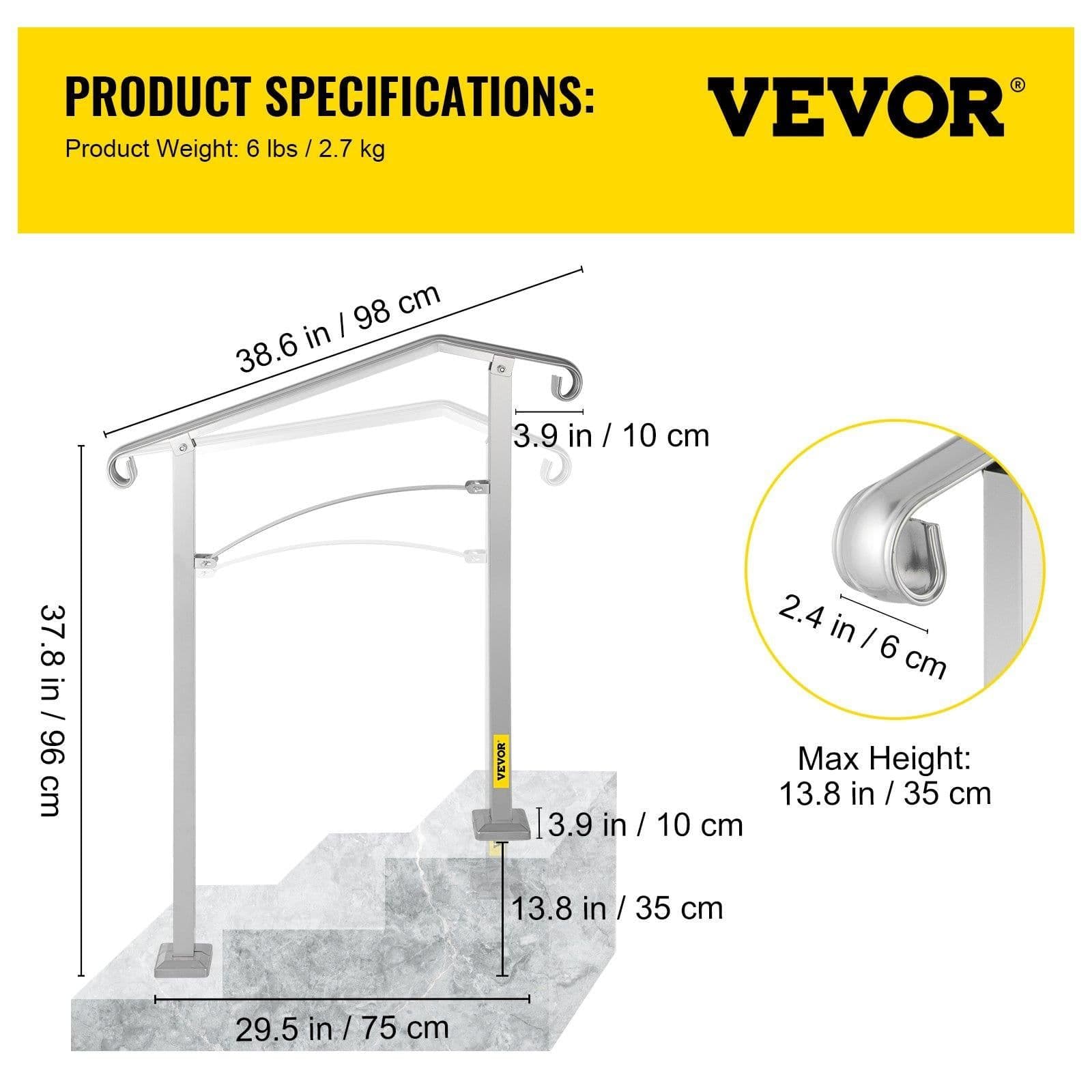 image-VEVOR Outdoor Stair Railing, Fit 2 or 3 Steps Alloy Metal Handrailing, Front Porch Flexible Transitional Handrail, Arch Step Rail with Installation Kit, for Concrete or Wooden Stairs, Silver