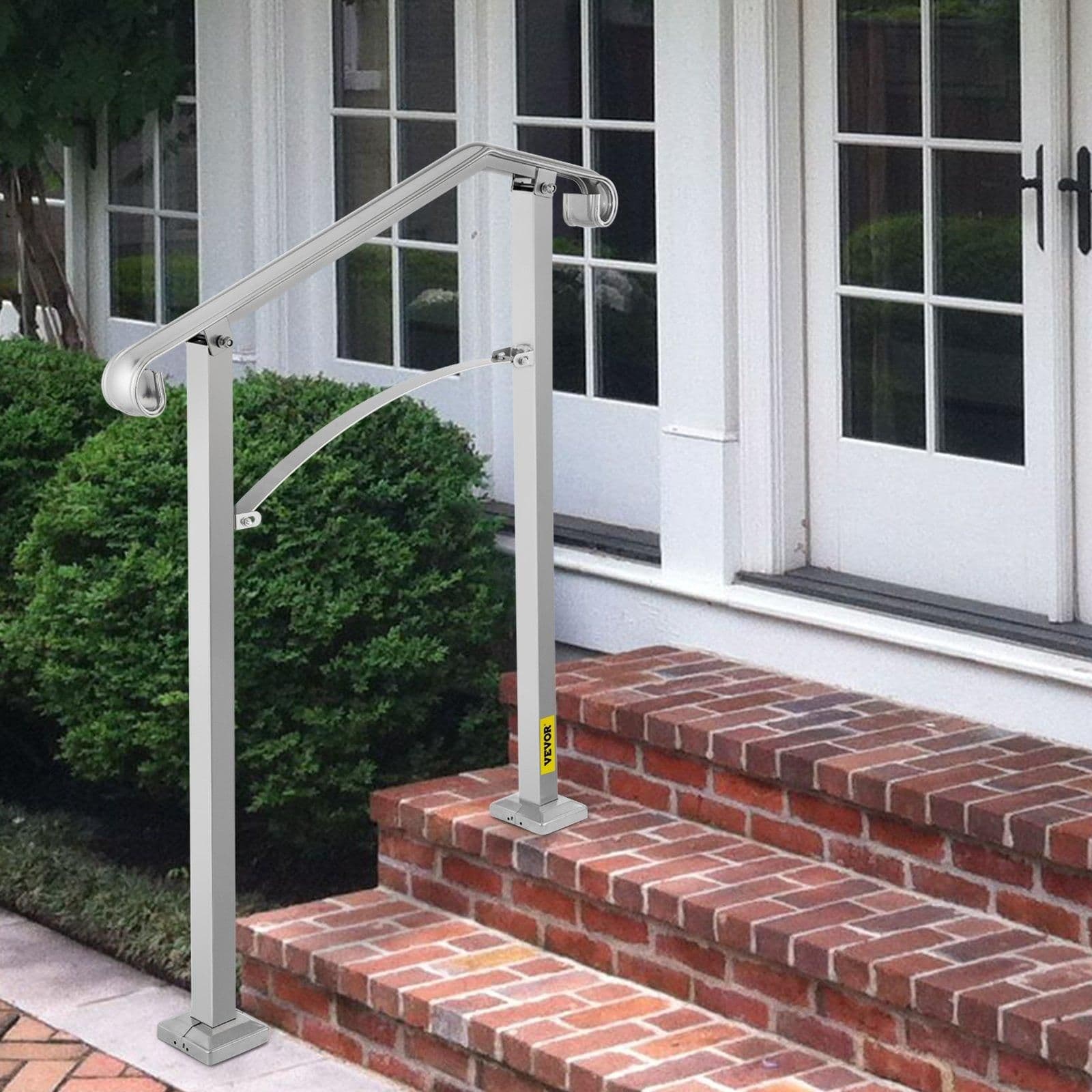 image-VEVOR Outdoor Stair Railing, Fit 2 or 3 Steps Alloy Metal Handrailing, Front Porch Flexible Transitional Handrail, Arch Step Rail with Installation Kit, for Concrete or Wooden Stairs, Silver