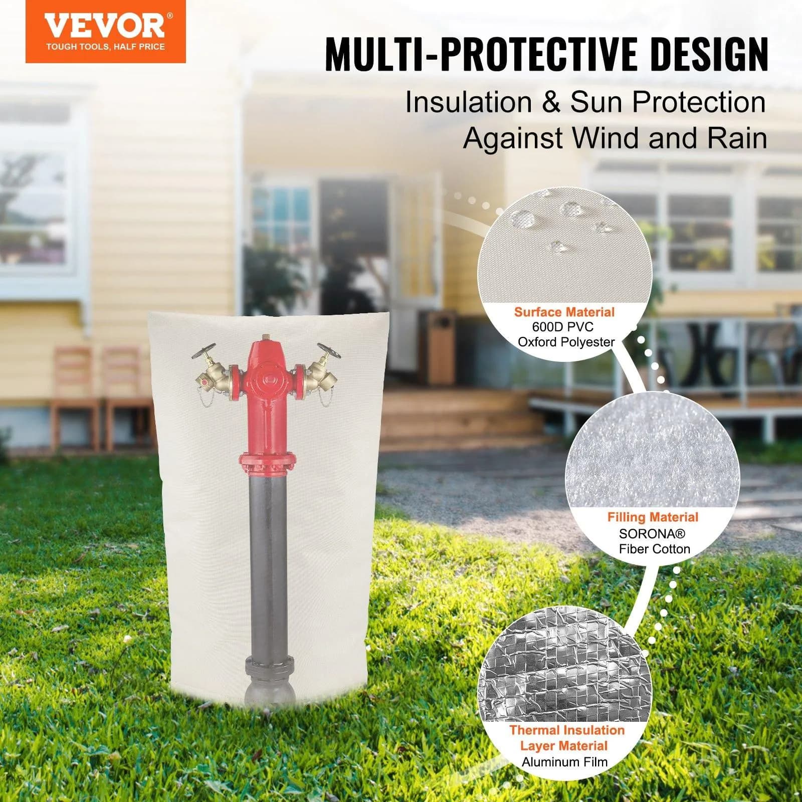 image-VEVOR Fiber Cotton Well Head Pump Cover, 20''W x 34''H, Pipe Insulation Cover Sprinkler Cover for Outside Backflow Valve Cover, 600D PVC Oxford Polyester Surface Aluminum Film Thermal Insulation Layer
