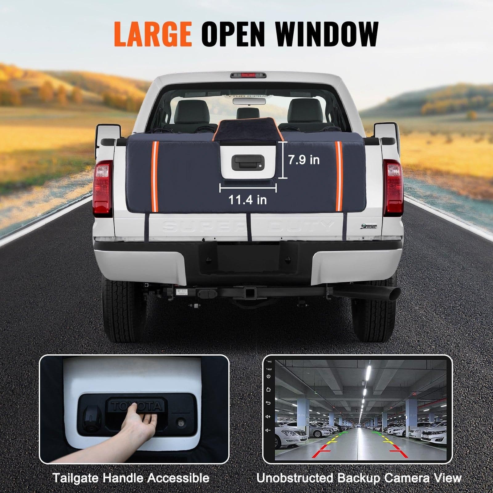 image-VEVOR Tailgate Bike Pad, 53" Truck Tailgate Pad Carry 5 Mountain Bikes, Upgraded Grooves Tailgate Protection Pad with Reflective Strips and Tool Pockets, with Camera Opening for Mid-Size Pickup Trucks