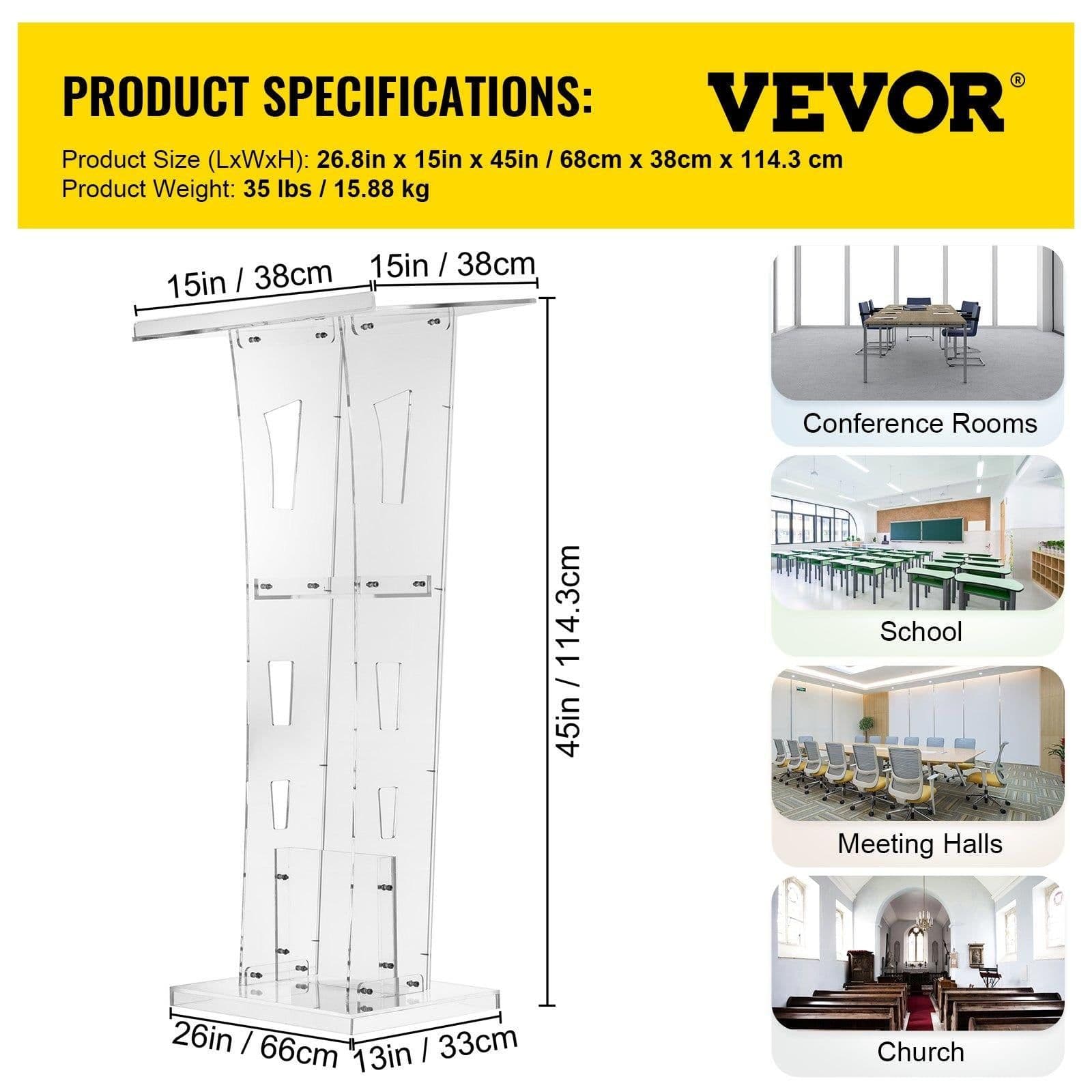 image-VEVOR Acrylic Podium 45" Tall Plexiglass Podium 26.8"x15" Table Acrylic Pulpits for Churches with 8 mm Thick Acrylic Board Acrylic Podiums and Lecterns Design for Lecture Recital Speech & Presentat