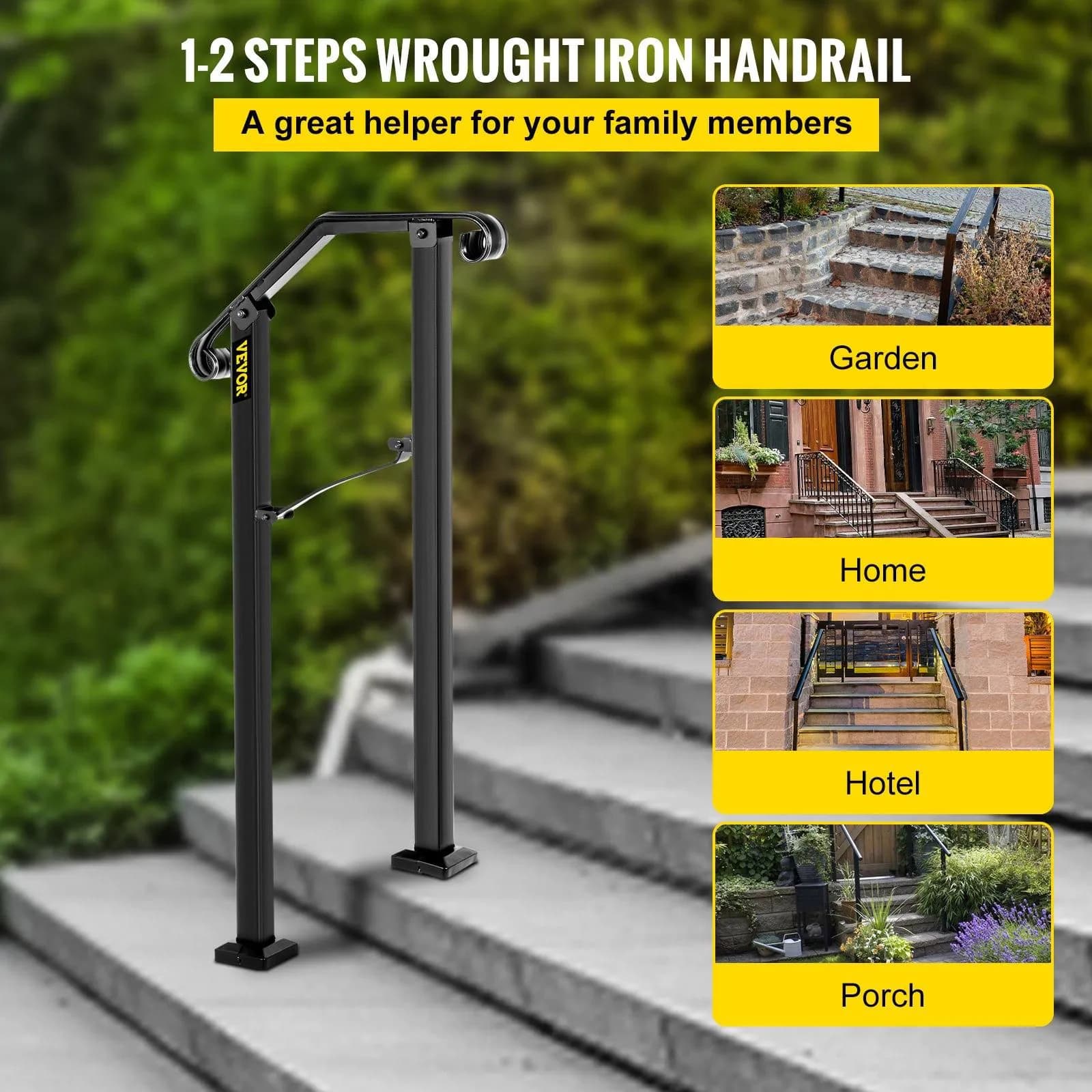 image-VEVOR Handrails for Outdoor Steps, Fit 1 or 2 Steps Outdoor Stair Railing, Arch#1 Wrought Iron Handrail, Flexible Porch Railing, Black Transitional Handrails for Concrete Steps or Wooden Stairs