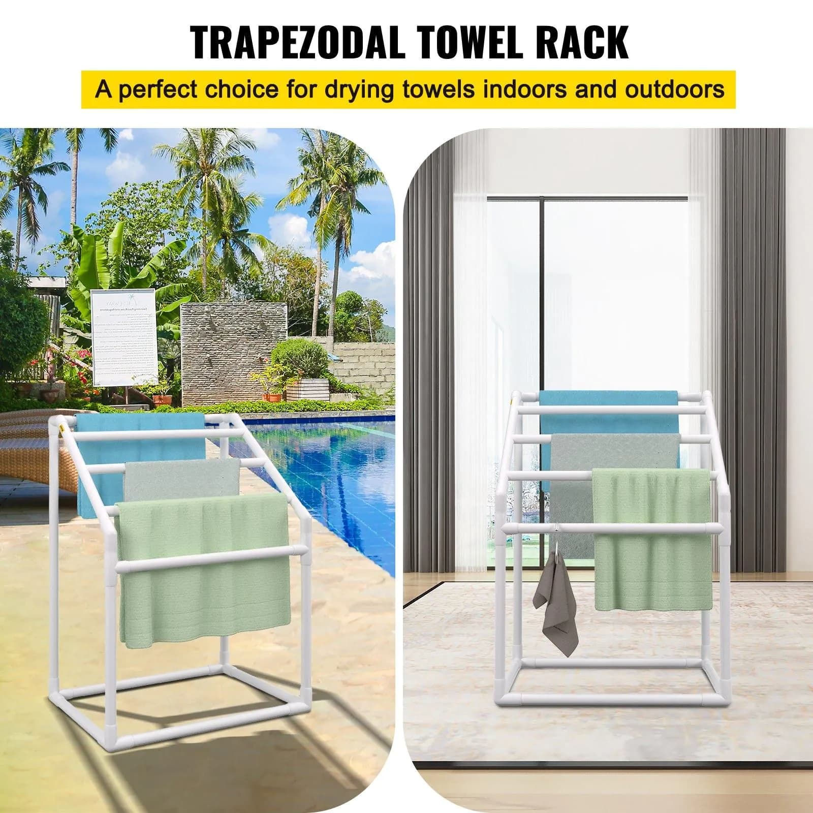 image-VEVOR Towel Rack, 5 Bars Outdoor PVC Towel Holder, Freestanding Pool Towel Hanger Stand with Clips, Bag & Hook, Outdoor Indoor Quilt Drying Rack Organizer, Ideal for Poolside, Bathroom, Spa, White