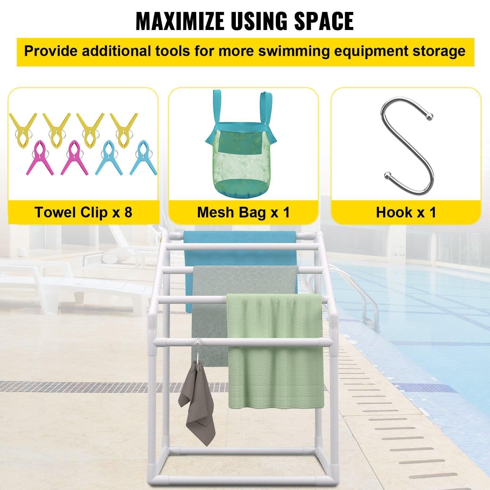 image-VEVOR Towel Rack, 5 Bars Outdoor PVC Towel Holder, Freestanding Pool Towel Hanger Stand with Clips, Bag & Hook, Outdoor Indoor Quilt Drying Rack Organizer, Ideal for Poolside, Bathroom, Spa, White
