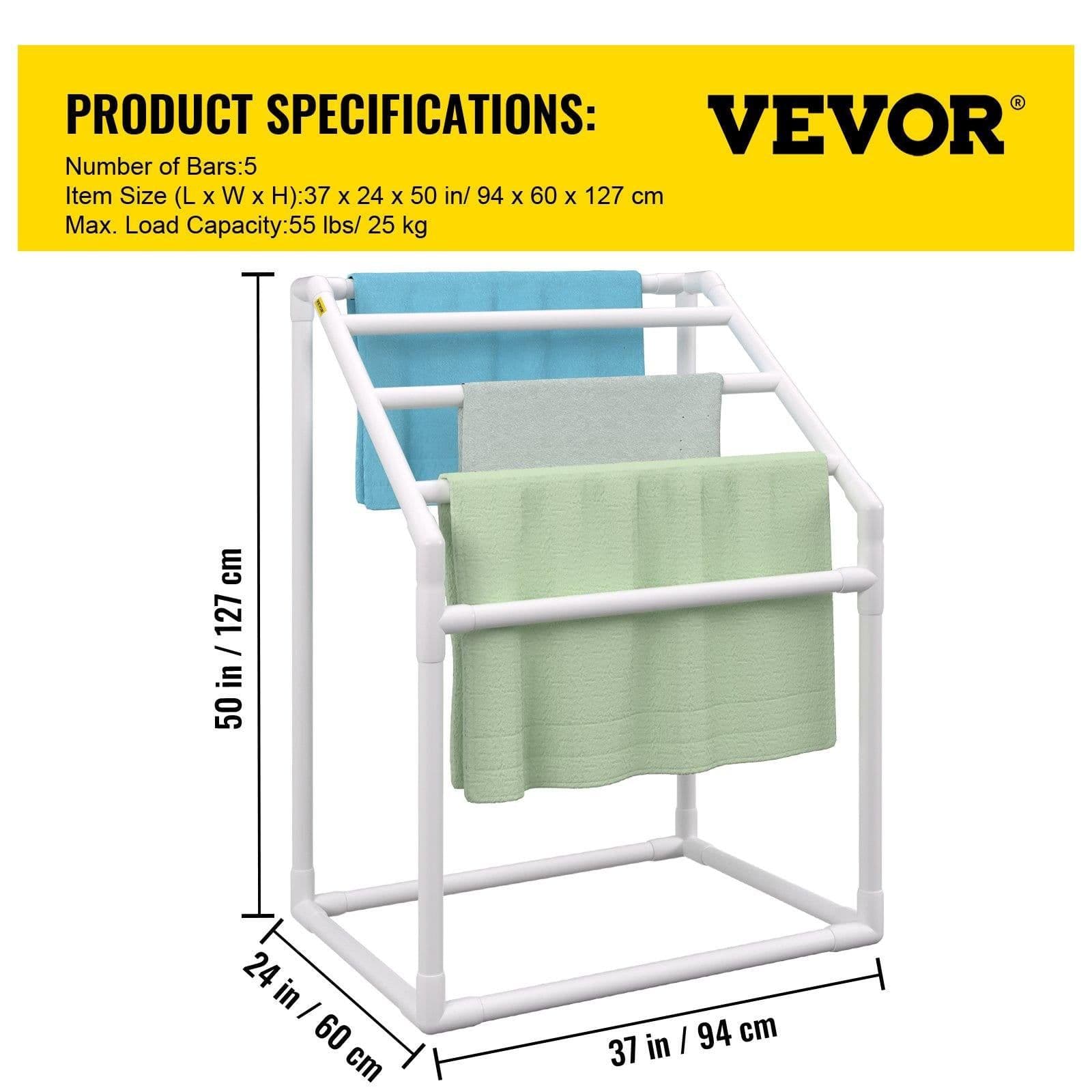 image-VEVOR Towel Rack, 5 Bars Outdoor PVC Towel Holder, Freestanding Pool Towel Hanger Stand with Clips, Bag & Hook, Outdoor Indoor Quilt Drying Rack Organizer, Ideal for Poolside, Bathroom, Spa, White