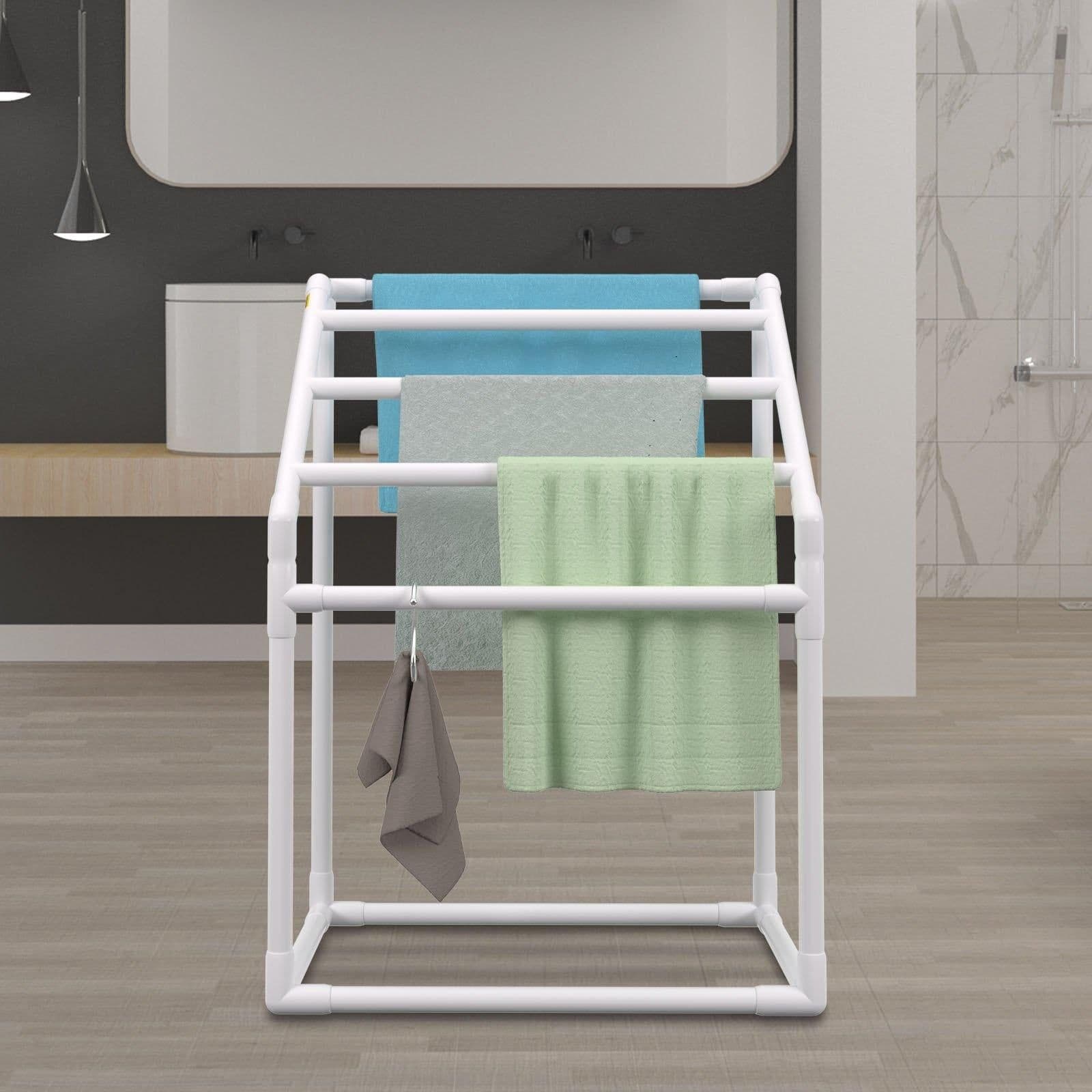 image-VEVOR Towel Rack, 5 Bars Outdoor PVC Towel Holder, Freestanding Pool Towel Hanger Stand with Clips, Bag & Hook, Outdoor Indoor Quilt Drying Rack Organizer, Ideal for Poolside, Bathroom, Spa, White