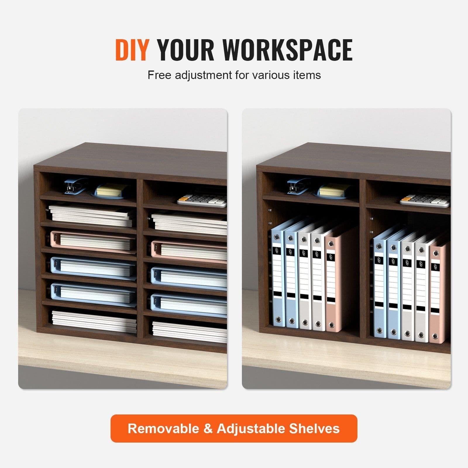 image-VEVOR Literature Organizers, 12 Compartments Office Mailbox with Adjustable Shelves, Wood Literature Sorter 20.4x12x16.1 inches for Office, Home, Classroom, Mailrooms Organization, EPA Certified Brown