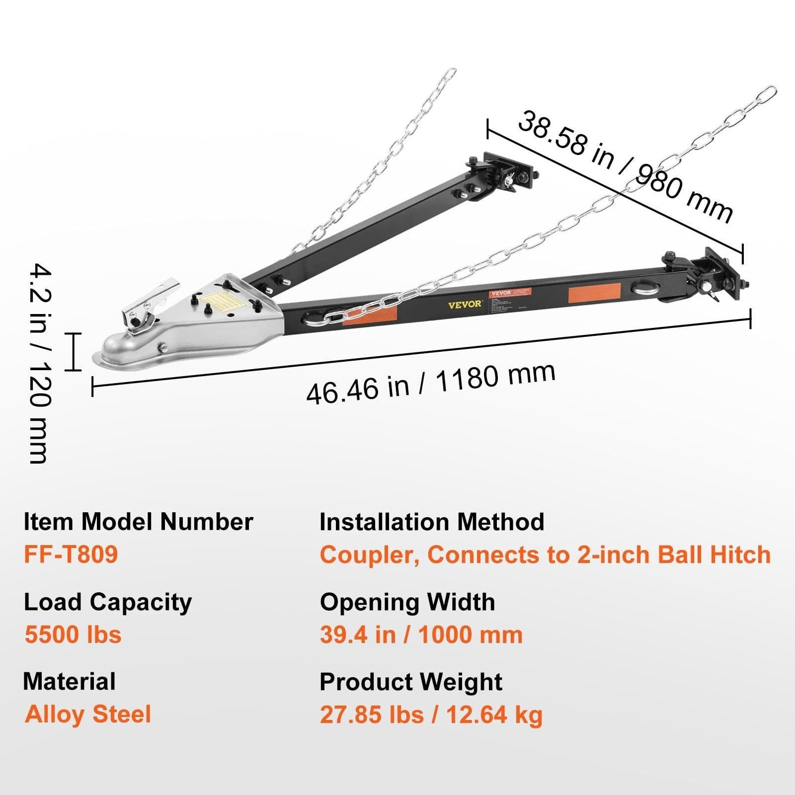 image-VEVOR Universal Tow Bar - 5500 lbs Capacity with Chains 2" Coupler