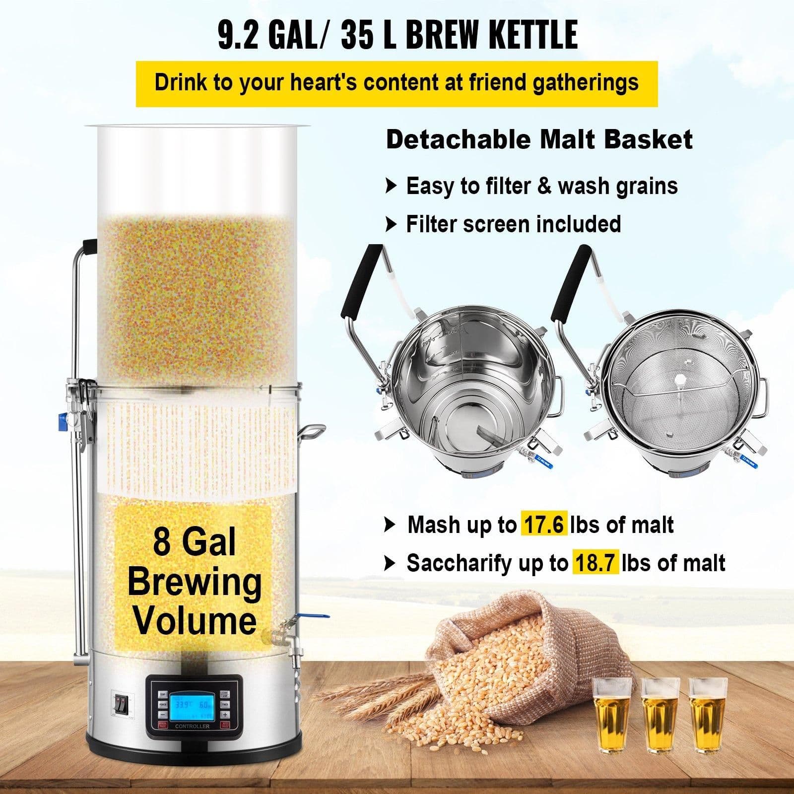 image-VEVOR Electric Brewing System - 9.2 Gal All-in-One Beer Brewer