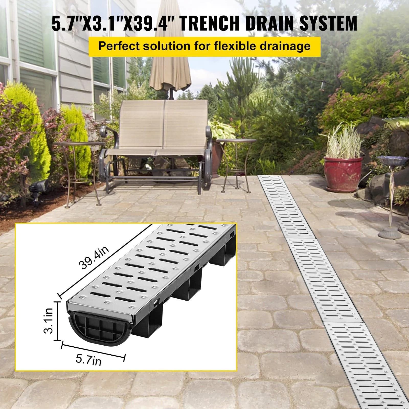 image-VEVOR Trench Drain System, Channel Drain with Metal Grate, 5.7x3.1-Inch HDPE Drainage Trench, Black Plastic Garage Floor Drain, 5x39 Trench Drain Grate, with 5 End Caps, for Garden, Driveway-5 Pack