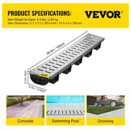 image-VEVOR Trench Drain System, Channel Drain with Metal Grate, 5.7x3.1-Inch HDPE Drainage Trench, Black Plastic Garage Floor Drain, 5x39 Trench Drain Grate, with 5 End Caps, for Garden, Driveway-5 Pack
