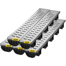 image-VEVOR Trench Drain System, Channel Drain with Metal Grate, 5.7x3.1-Inch HDPE Drainage Trench, Black Plastic Garage Floor Drain, 5x39 Trench Drain Grate, with 5 End Caps, for Garden, Driveway-5 Pack