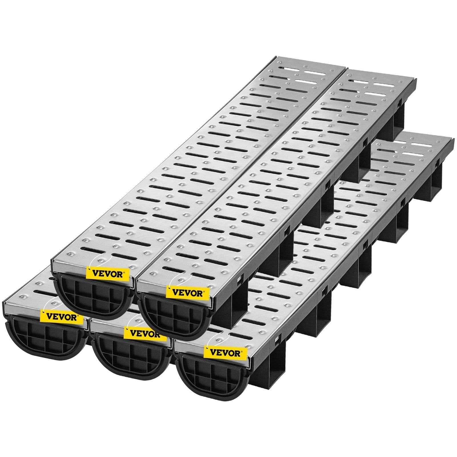 image-VEVOR Trench Drain System, Channel Drain with Metal Grate, 5.7x3.1-Inch HDPE Drainage Trench, Black Plastic Garage Floor Drain, 5x39 Trench Drain Grate, with 5 End Caps, for Garden, Driveway-5 Pack