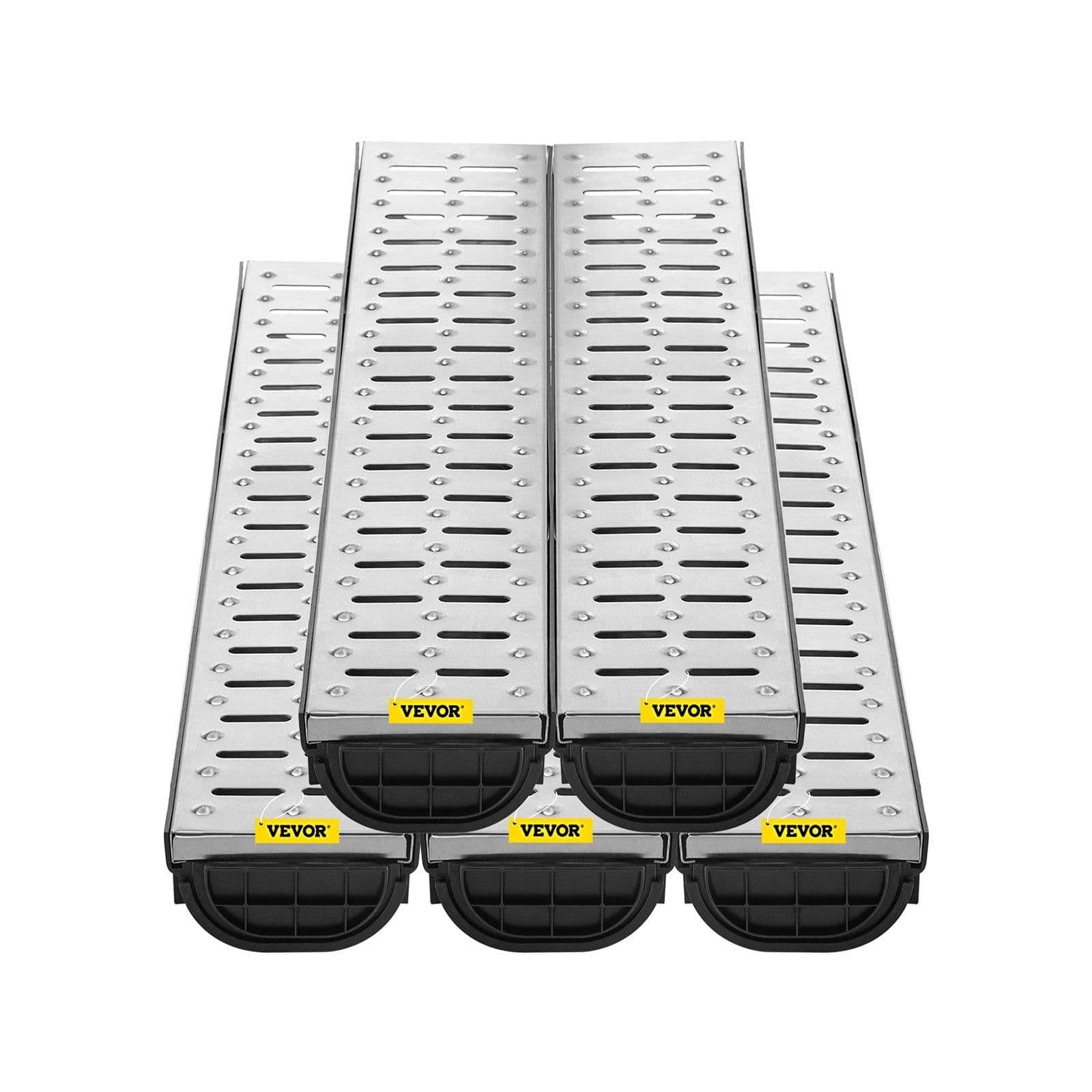 image-VEVOR Trench Drain System, Channel Drain with Metal Grate, 5.7x3.1-Inch HDPE Drainage Trench, Black Plastic Garage Floor Drain, 5x39 Trench Drain Grate, with 5 End Caps, for Garden, Driveway-5 Pack