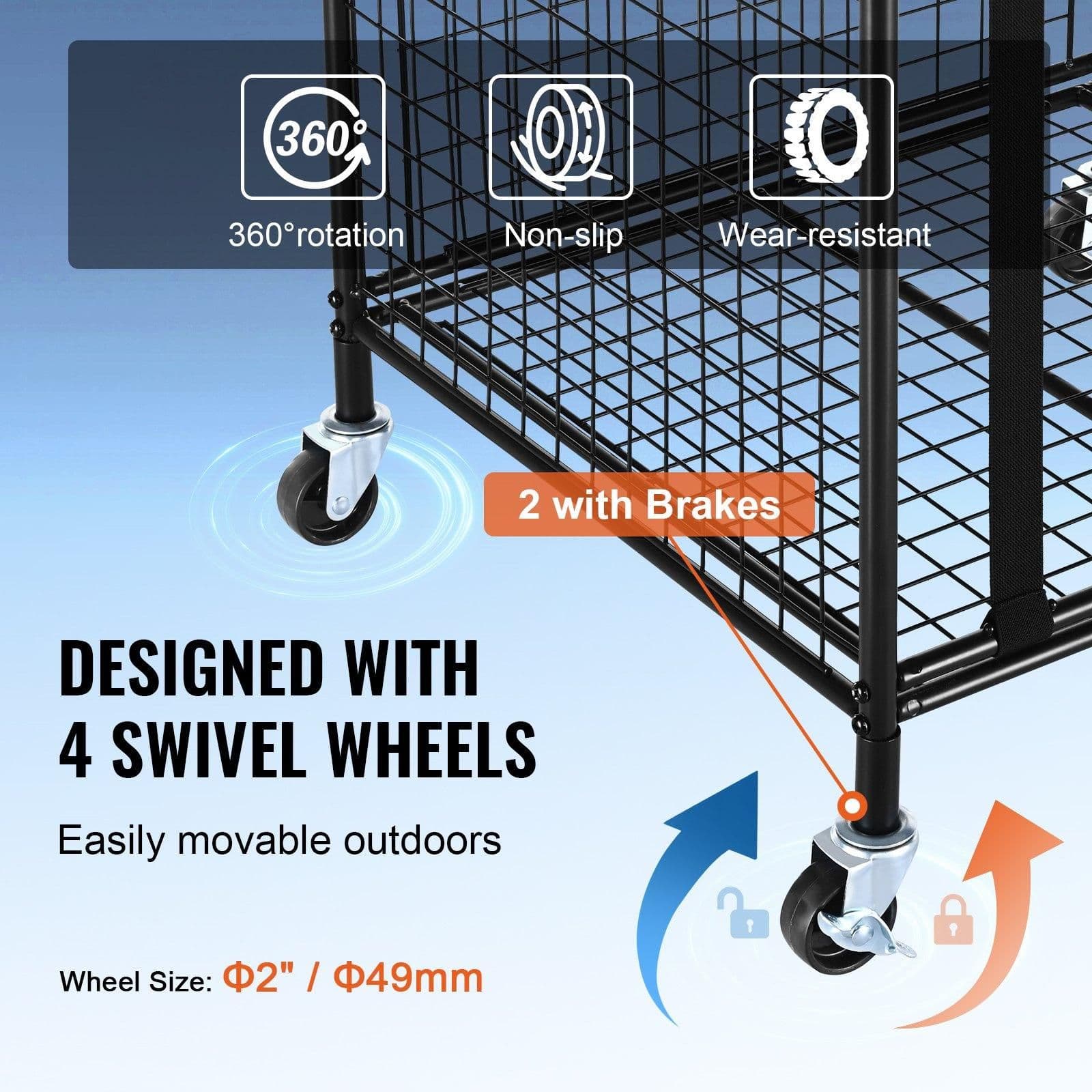 image-VEVOR Rolling Sports Ball Storage Cart, Lockable Basketball Cage with Elastic Straps, Sport Equipment Holder Organizer for Indoor Outdoor, Steel Storage Rack for Garages, Playgroup, Gym and Schools