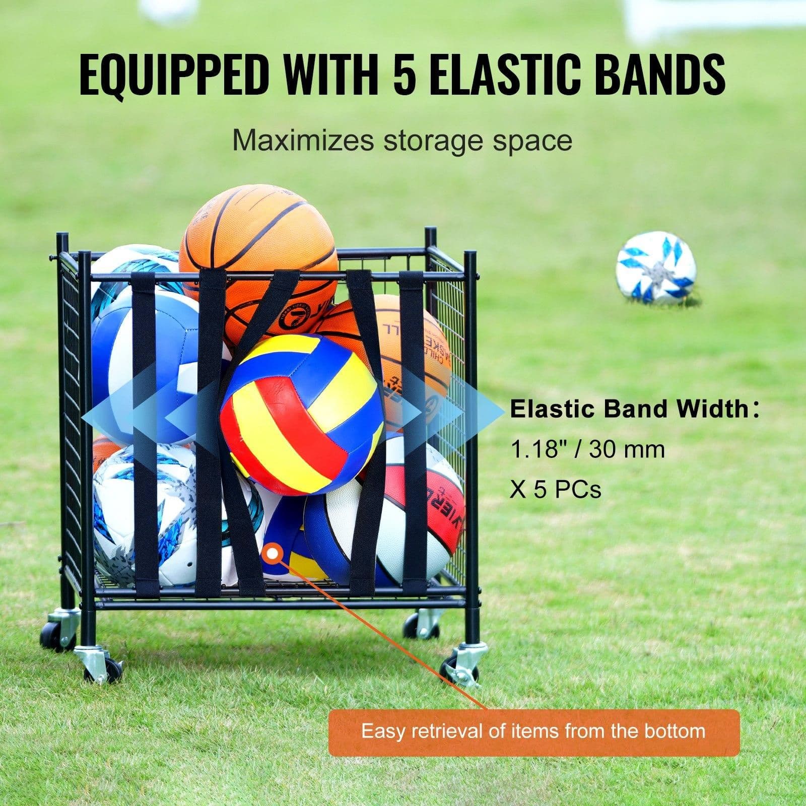 image-VEVOR Rolling Sports Ball Storage Cart, Lockable Basketball Cage with Elastic Straps, Sport Equipment Holder Organizer for Indoor Outdoor, Steel Storage Rack for Garages, Playgroup, Gym and Schools