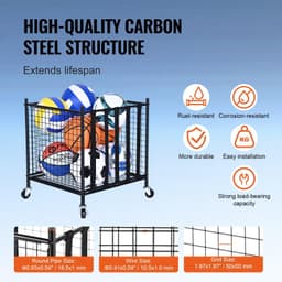 image-VEVOR Rolling Sports Ball Storage Cart, Lockable Basketball Cage with Elastic Straps, Sport Equipment Holder Organizer for Indoor Outdoor, Steel Storage Rack for Garages, Playgroup, Gym and Schools