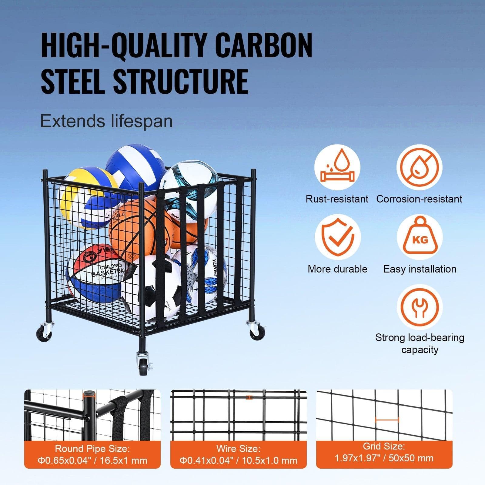 image-VEVOR Rolling Sports Ball Storage Cart, Lockable Basketball Cage with Elastic Straps, Sport Equipment Holder Organizer for Indoor Outdoor, Steel Storage Rack for Garages, Playgroup, Gym and Schools