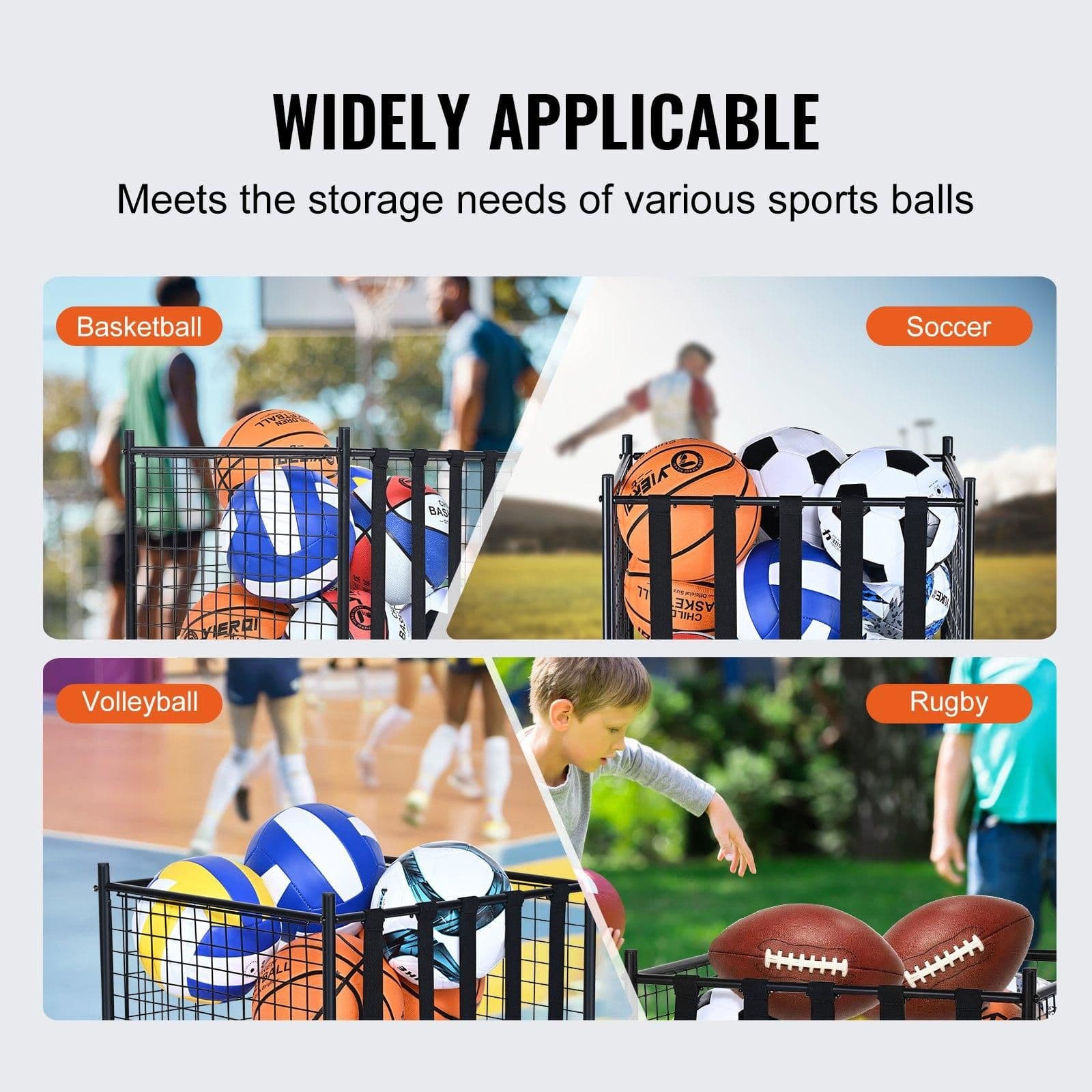 image-VEVOR Rolling Sports Ball Storage Cart, Lockable Basketball Cage with Elastic Straps, Sport Equipment Holder Organizer for Indoor Outdoor, Steel Storage Rack for Garages, Playgroup, Gym and Schools