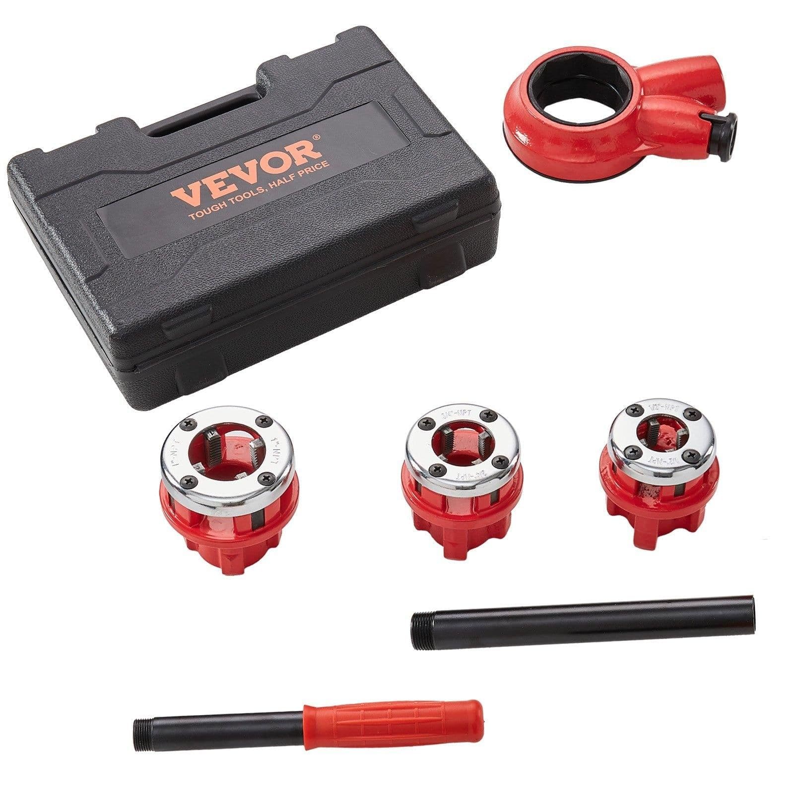 image-VEVOR Ratchet Pipe Threader Kit, 1/2" NPT, 3/4" NPT, 1" NPT Manual Ratcheting Pipe Threader, Portable Pipe Threading Tool Set with 3PCS NPT Dies, Storage Case for Galvanized Aluminum Iron Copper Pipes