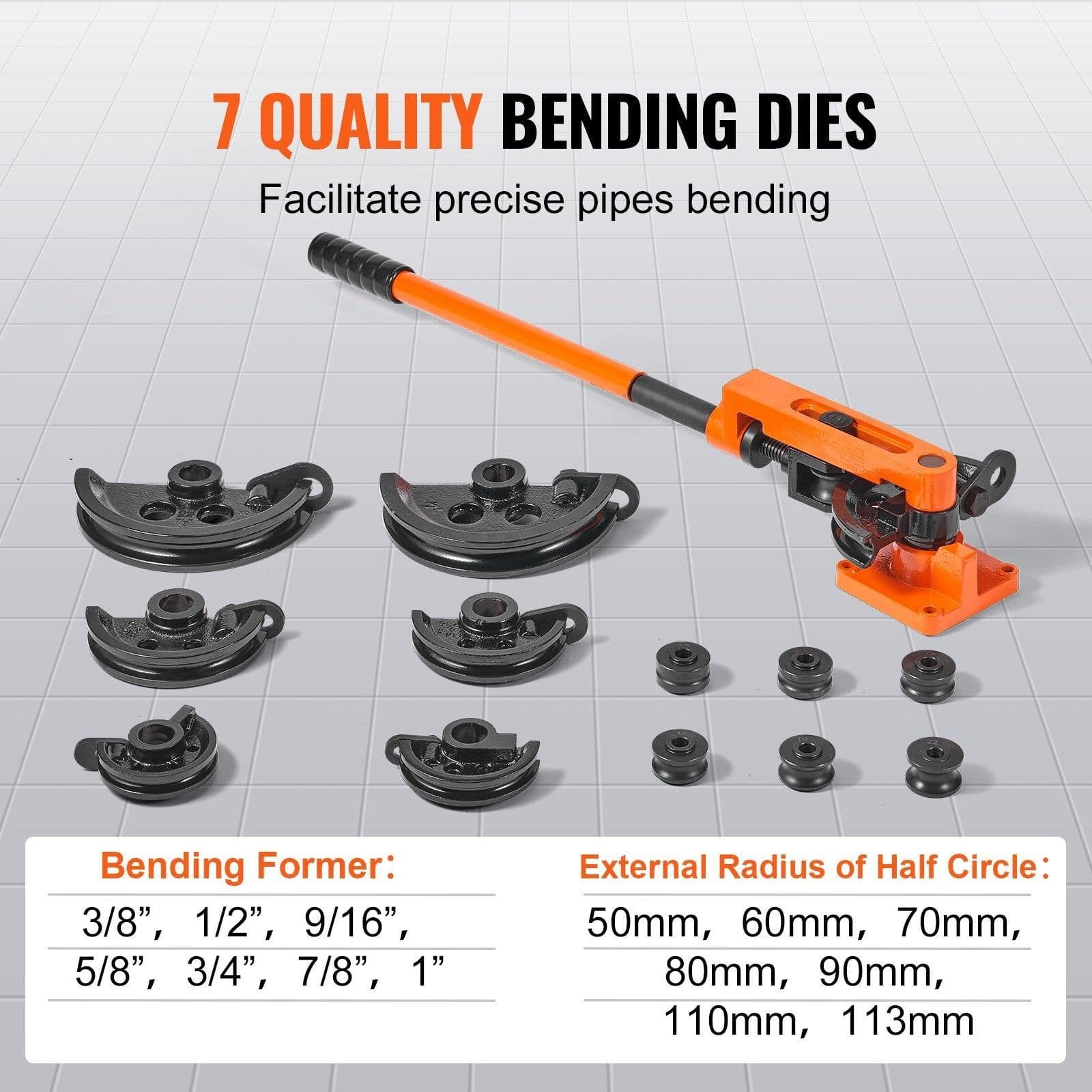 image-VEVOR Pipe Tube Bender, 3/8" to 1" OD Manual Pipe Tube Bender with 7 Bending Dies, 180° Copper Aluminum Pipes Bending Tools for HVAC Air Conditioning Refrigerator Auto Repair