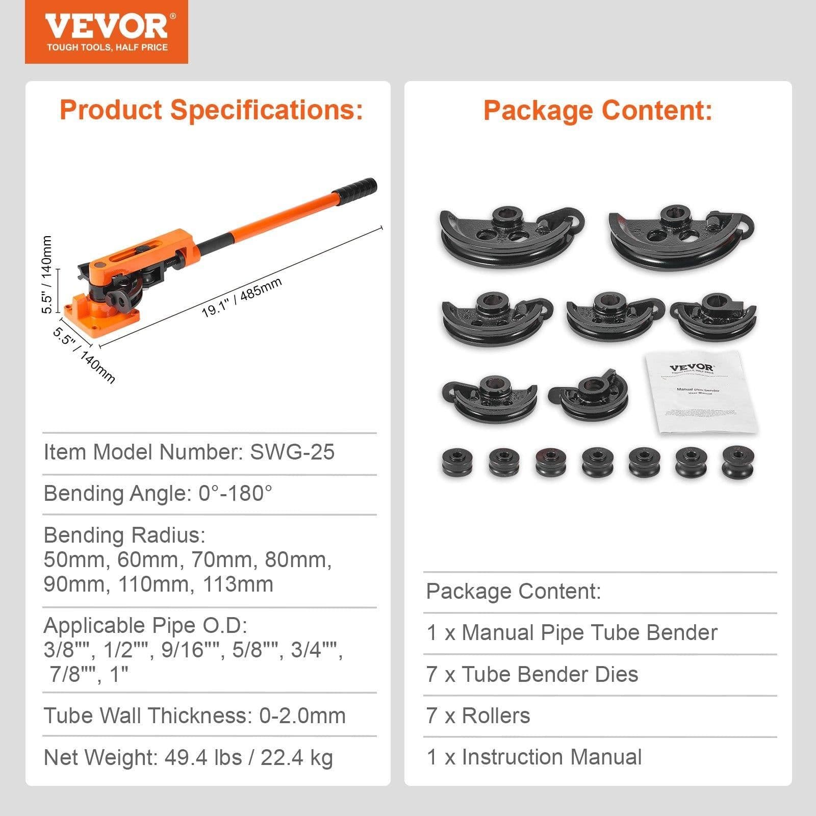 image-VEVOR Pipe Tube Bender, 3/8" to 1" OD Manual Pipe Tube Bender with 7 Bending Dies, 180° Copper Aluminum Pipes Bending Tools for HVAC Air Conditioning Refrigerator Auto Repair