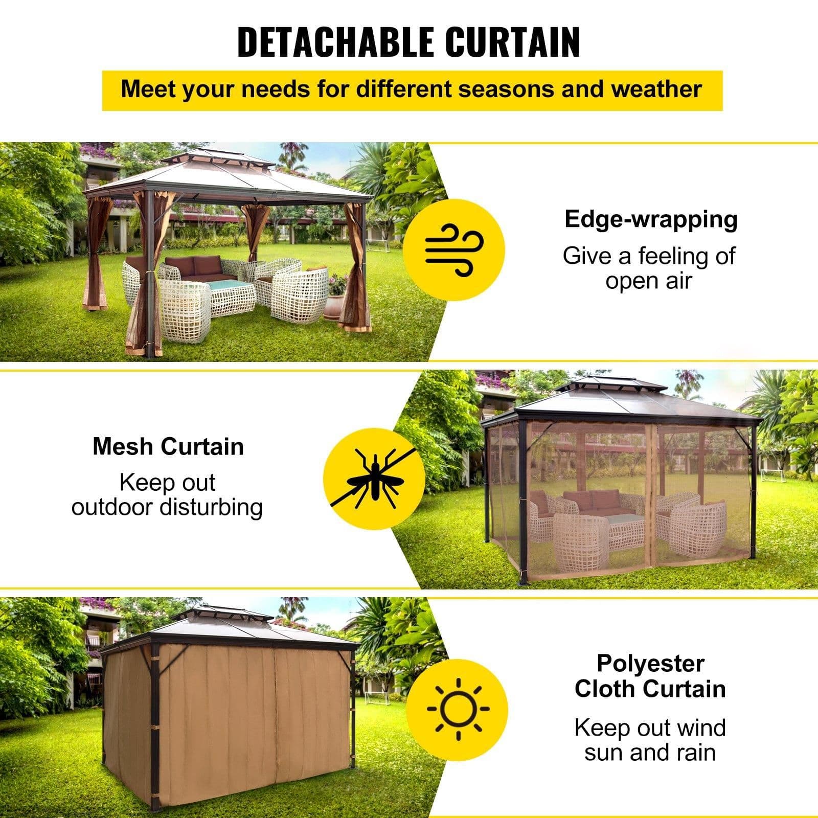 image-VEVOR Hardtop Gazebo 10' x 10' with Netting - Metal Gazebo Aluminum Permanent Double Tier Roof- Gazebos for Patios, Backyard, Outdoor and Lawn