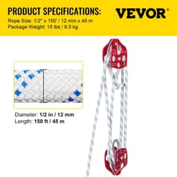 image-Twin Sheave Block and Tackle 7700LBS Pulley 150Ft, 1/2Inch Double Braid Rope