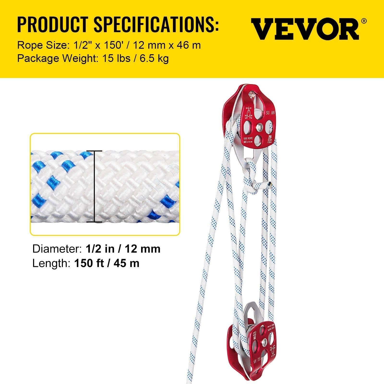 image-Twin Sheave Block and Tackle 7700LBS Pulley 150Ft, 1/2Inch Double Braid Rope