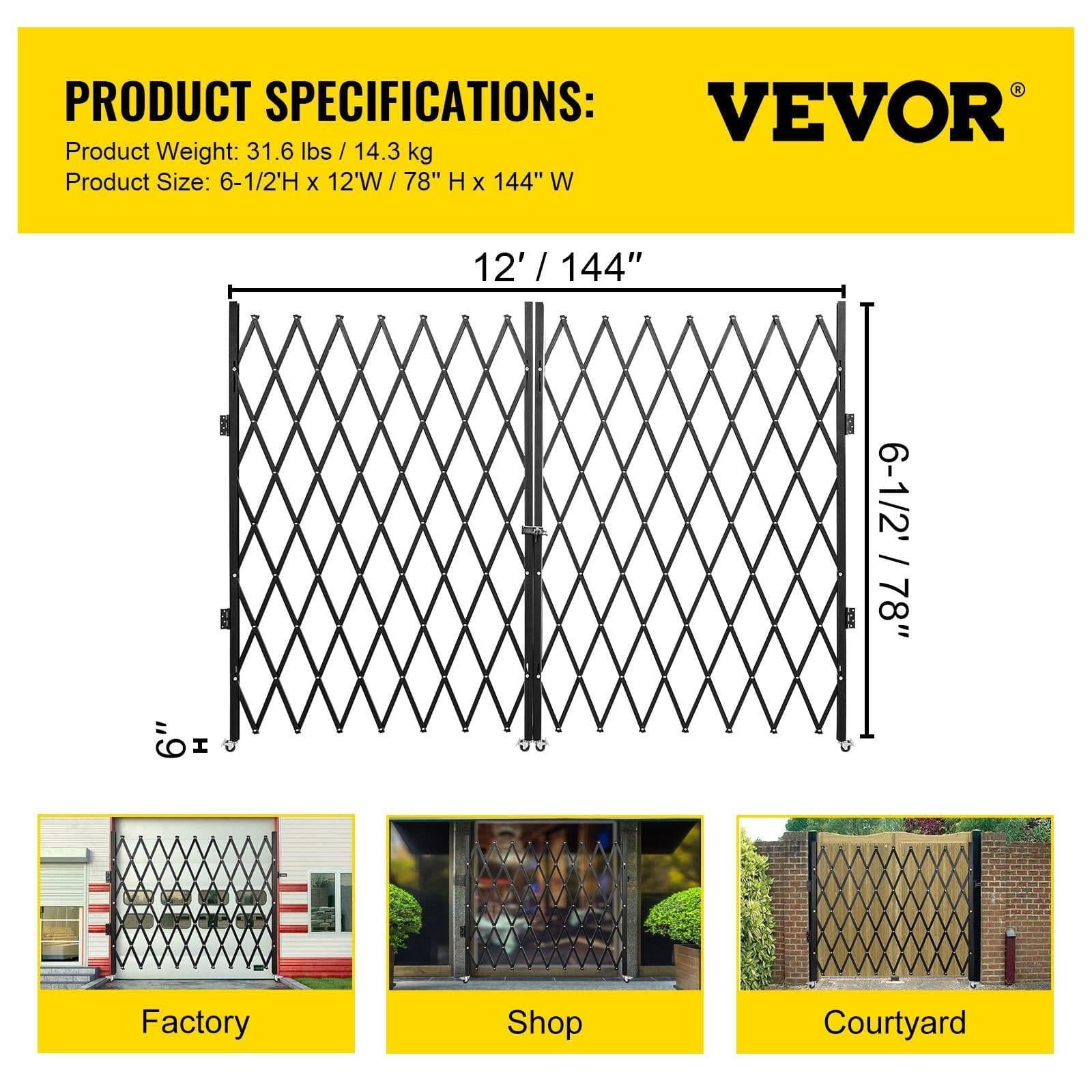 image-VEVOR Double Folding Security Gate, 6-1/2' H x 12' W Folding Door Gate, Steel Accordion Security Gate, Flexible Expanding Security Gate, 360° Rolling Barricade Gate, Scissor Gate or Door with Keys