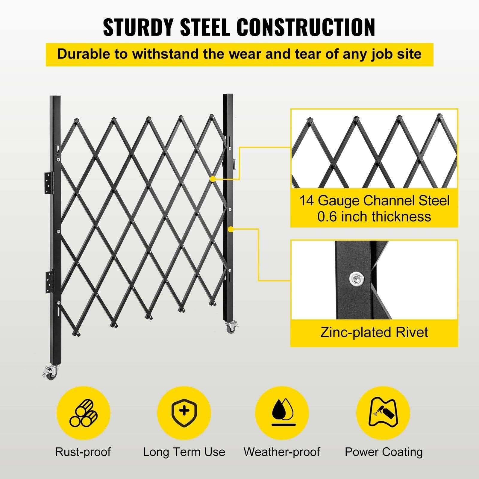 image-VEVOR Single Folding Security Gate, 5' H x 5-1/2' W Folding Door Gate, Steel Accordion Security Gate, Flexible Expanding Security Gate, 360° Rolling Barricade Gate, Scissor Gate/Door with Padlock