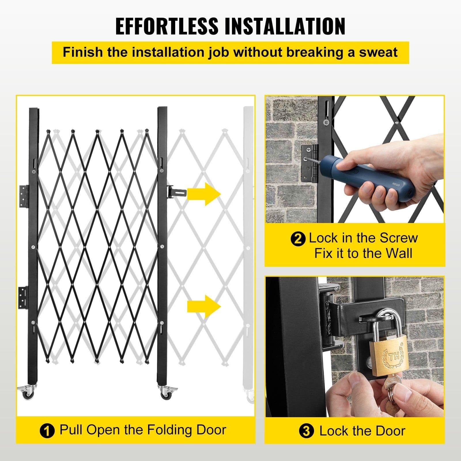 image-VEVOR Single Folding Security Gate, 5' H x 5-1/2' W Folding Door Gate, Steel Accordion Security Gate, Flexible Expanding Security Gate, 360° Rolling Barricade Gate, Scissor Gate/Door with Padlock