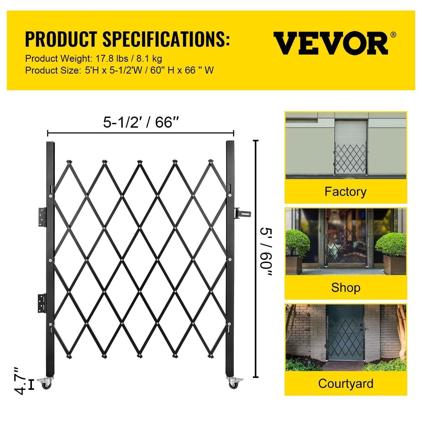 image-VEVOR Single Folding Security Gate, 5' H x 5-1/2' W Folding Door Gate, Steel Accordion Security Gate, Flexible Expanding Security Gate, 360° Rolling Barricade Gate, Scissor Gate/Door with Padlock