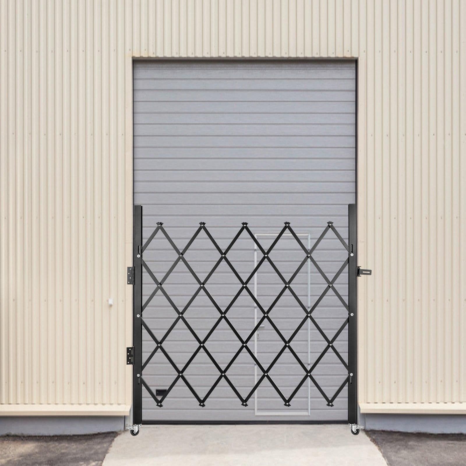 image-VEVOR Single Folding Security Gate, 5' H x 5-1/2' W Folding Door Gate, Steel Accordion Security Gate, Flexible Expanding Security Gate, 360° Rolling Barricade Gate, Scissor Gate/Door with Padlock