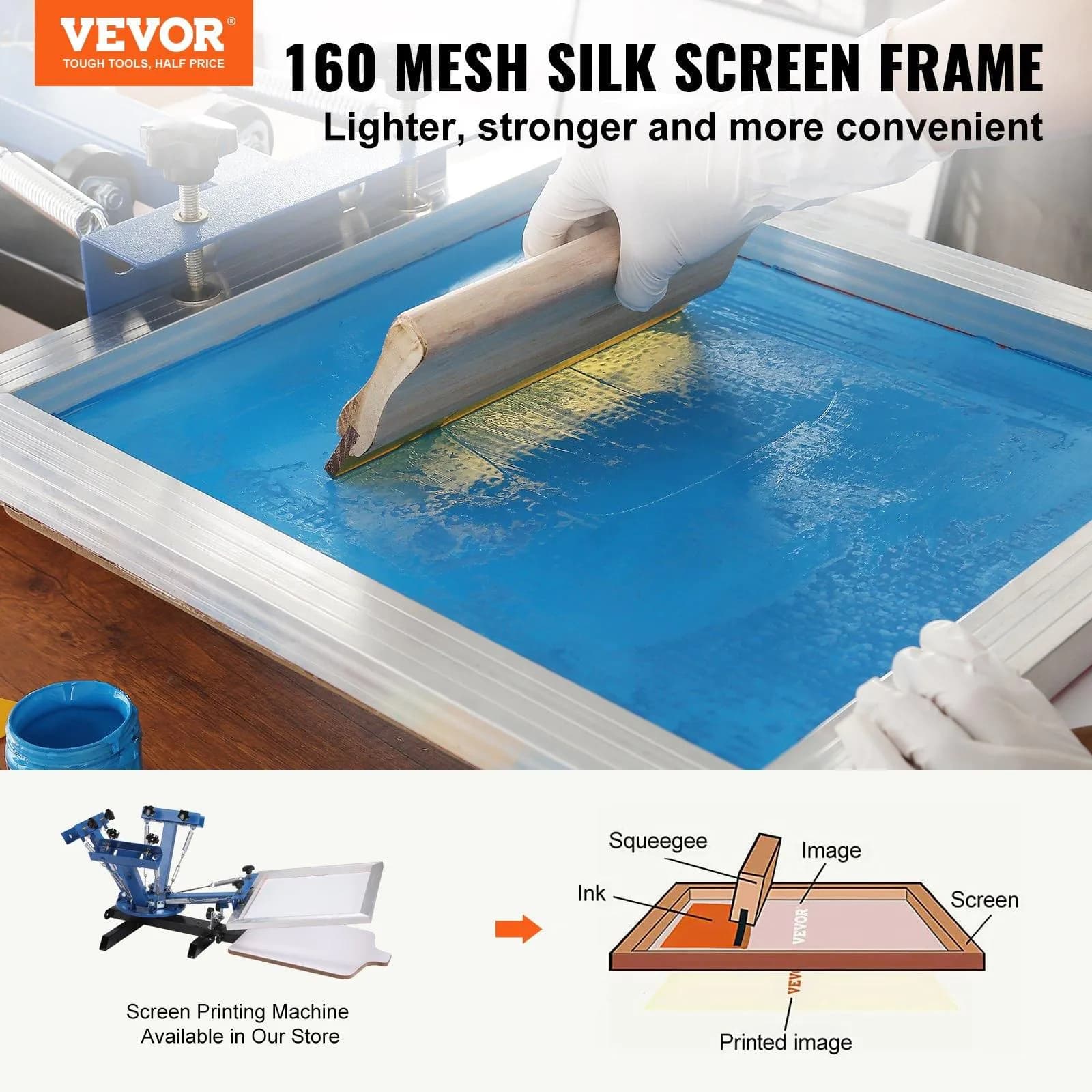 image-VEVOR Screen Printing Kit, 6 Pieces Aluminum Silk Screen Printing Frames, 18x20inch Silk Screen Printing Frame with 160 Count Mesh, High Tension Nylon Mesh and Sealing Tape for T-shirts DIY Printing