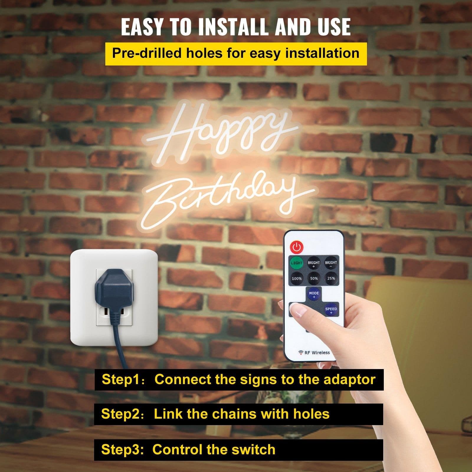 image-VEVOR Happy Birthday Neon Sign, 18" x 8" & 26" x 7.5" LED Neon Lights Signs, Adjustable Brightness with Dimmer Switch and Power Adapter, Reusable for Party, Club, Celebration and Decoration Warm W