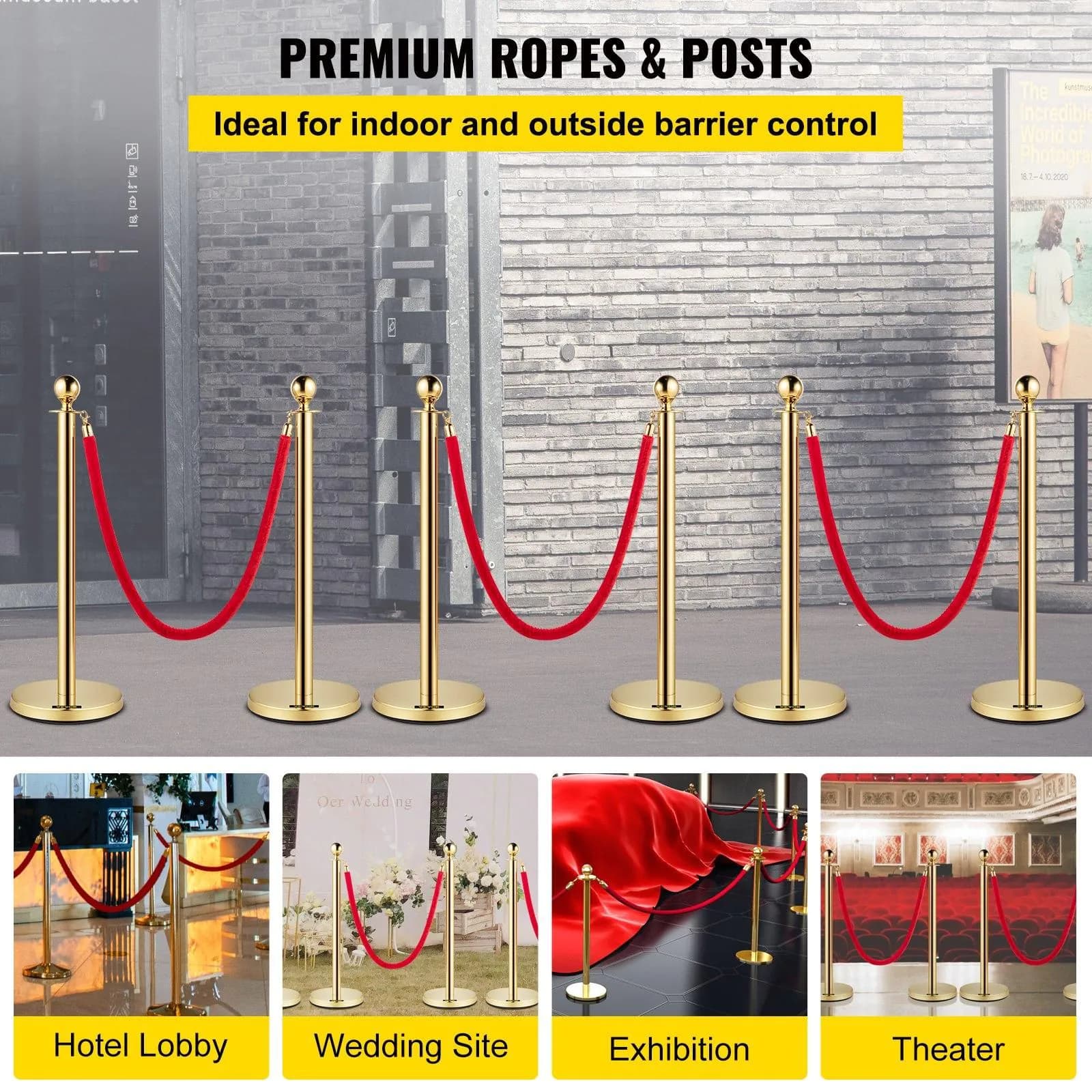 image-VEVOR Velvet Ropes and Posts, 5 ft/1.5 m Red Rope, Stainless Steel Gold Stanchion with Ball Top, Red Crowd Control Barrier Used for Theaters, Party, Wedding, Exhibition, Ticket Offices Pack Sets (6)