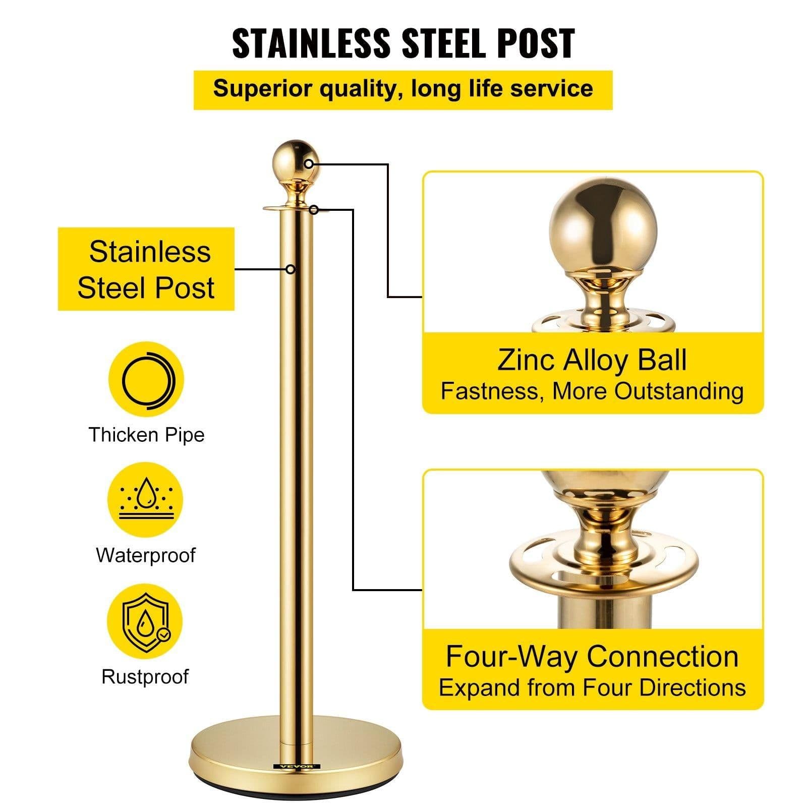 image-VEVOR Velvet Ropes and Posts, 5 ft/1.5 m Red Rope, Stainless Steel Gold Stanchion with Ball Top, Red Crowd Control Barrier Used for Theaters, Party, Wedding, Exhibition, Ticket Offices Pack Sets (6)