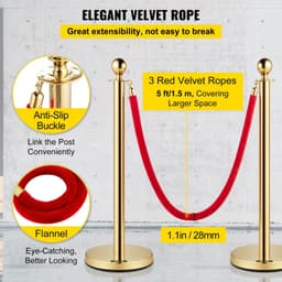 image-VEVOR Velvet Ropes and Posts, 5 ft/1.5 m Red Rope, Stainless Steel Gold Stanchion with Ball Top, Red Crowd Control Barrier Used for Theaters, Party, Wedding, Exhibition, Ticket Offices Pack Sets (6)